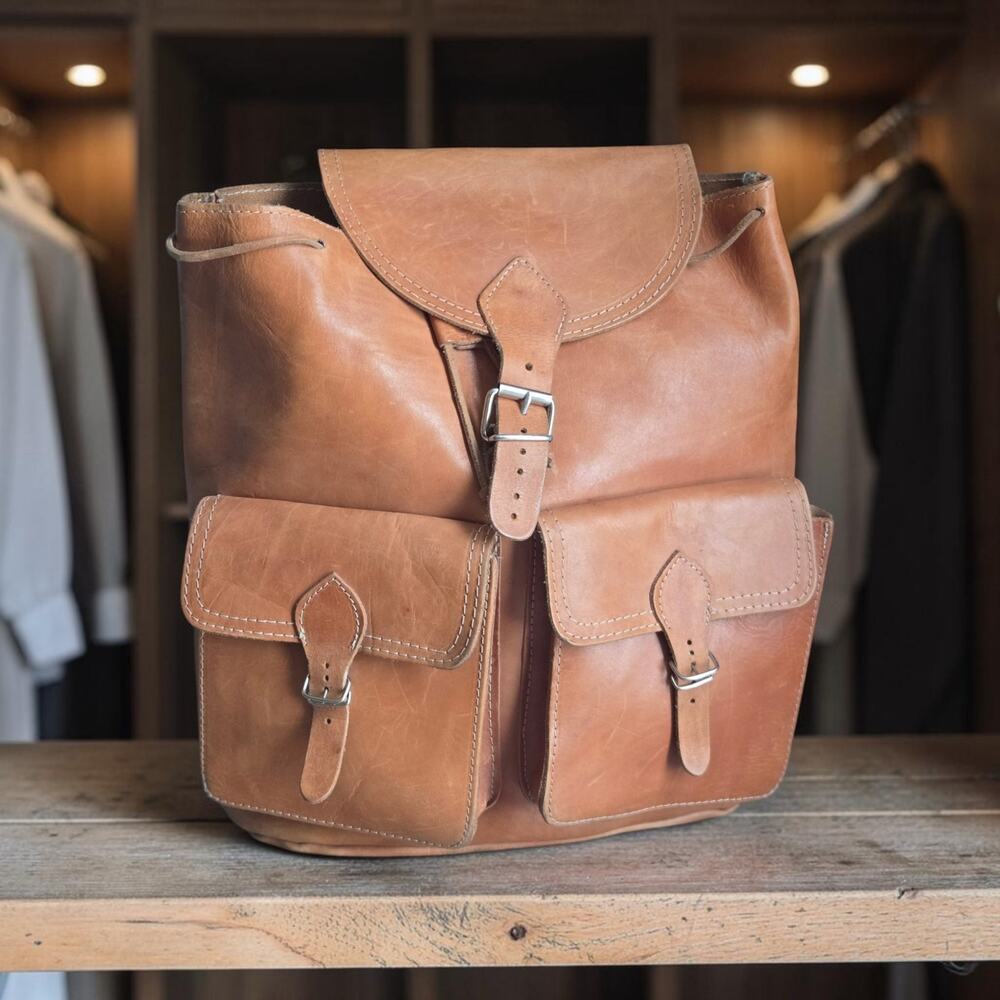 Vintage Tan Leather Backpack Rucksack Handcrafted Genuine Leather